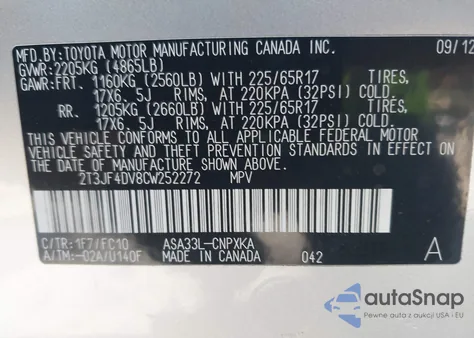 2012 Toyota Rav4 z USA, uszkodzony, nr VIN 2T3JF4DV8CW252272